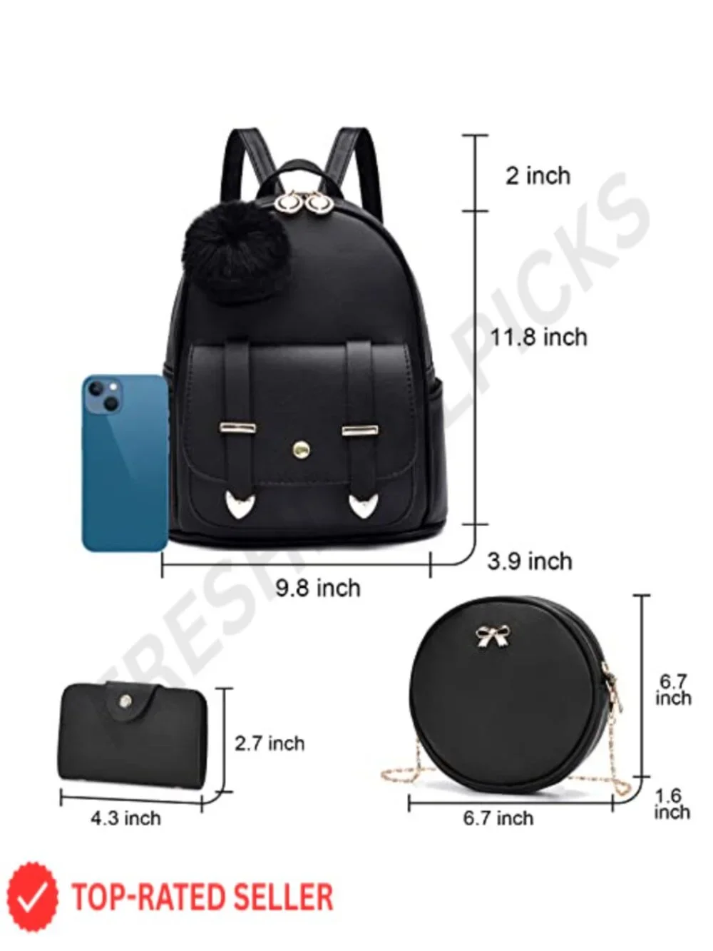 Faux Leather Mini Backpack Purse 3-Piece Set with Pom Pom, Adjustable Straps,